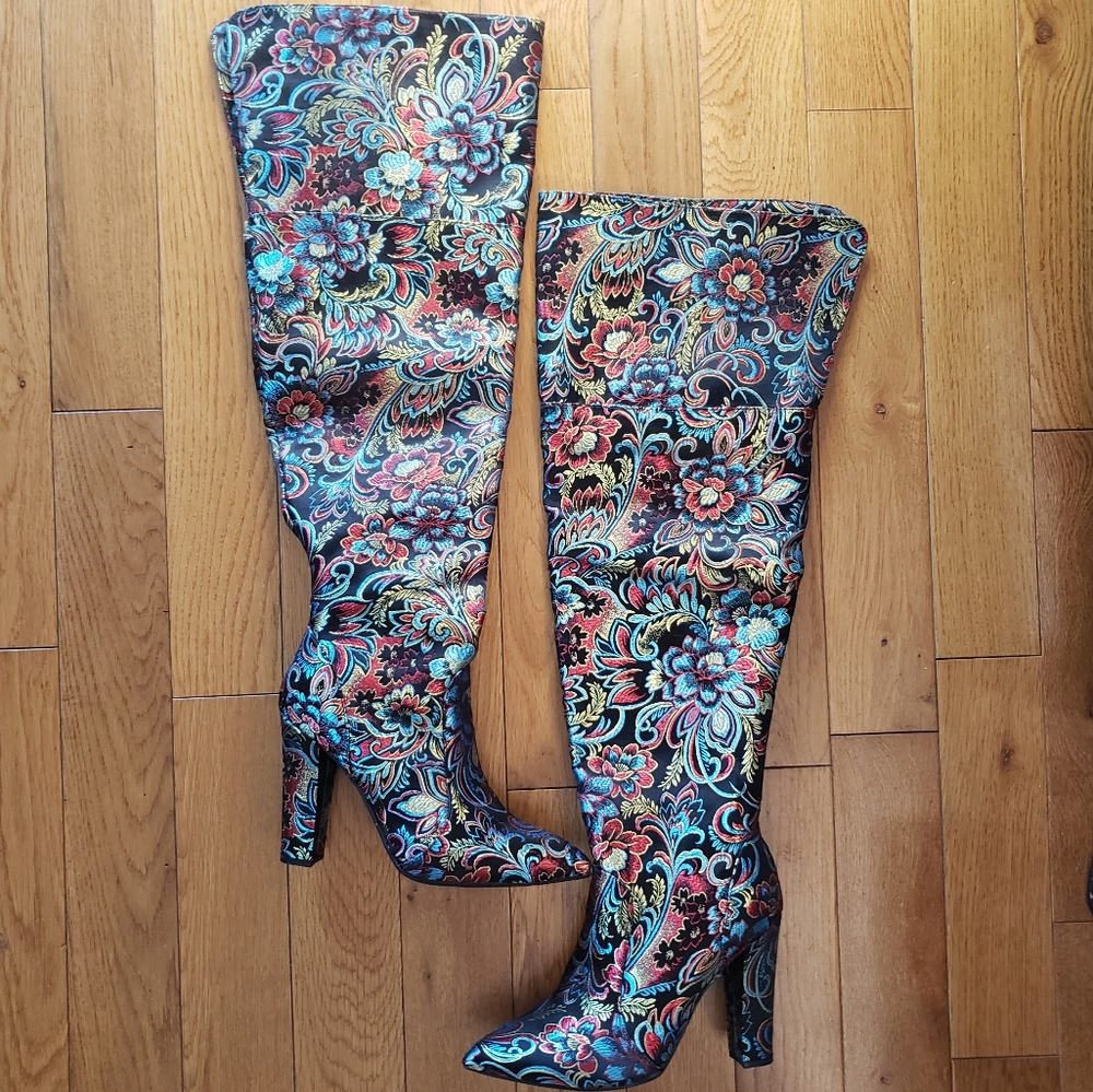 Woman Over The Knee Dark Paisley Boots Sz. 9